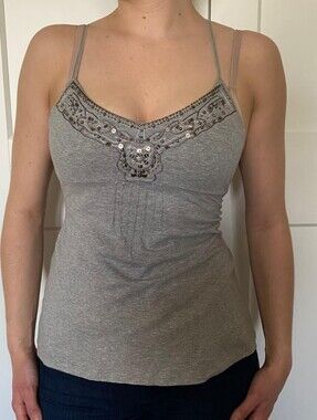 Vintage Silver-Gray Beaded Spaghetti Strap Camisole W/ Built In Bra Babydoll Fit